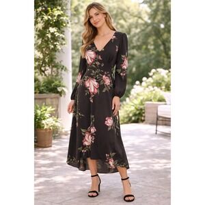 Sachin & Babi Lola Dark Floral V-Neck Long Sleeve Midi Dress Size 10 Romantic